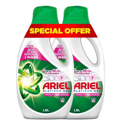 Ariel Downy Floral Breeze Laundry Detergent Platinum Gel Value Pack 2 x 1.8 Litres