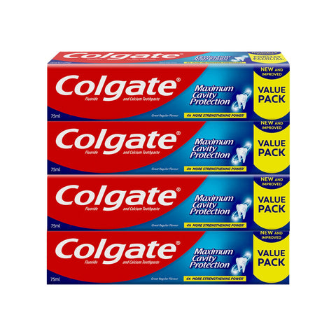 GETIT.QA- Qatar’s Best Online Shopping Website offers COLGATE TOOTHPASTE MAXIMUM CAVITY PROTECTION 4 X 75 ML at the lowest price in Qatar. Free Shipping & COD Available!