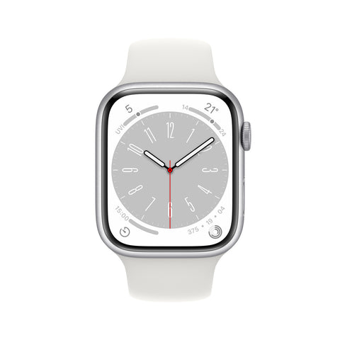 GETIT.QA- Qatar’s Best Online Shopping Website offers APPLE WATCH SERIES 8 GPS SILVER ALUMINIUM CASE WITH WHITE SPORT BAND-- 45 MM-- MP6N3AE at the lowest price in Qatar. Free Shipping & COD Available!