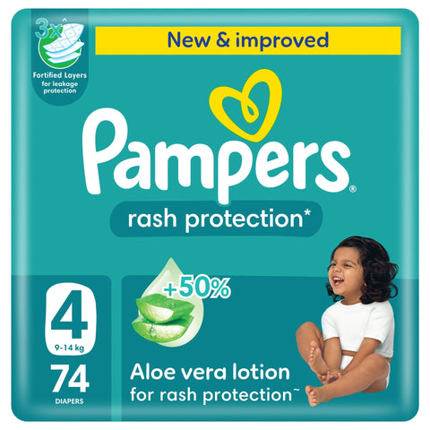 Pampers Rash Protection Taped Diapers, Size 4, 9-14kg, Giant Pack, 74 pcs