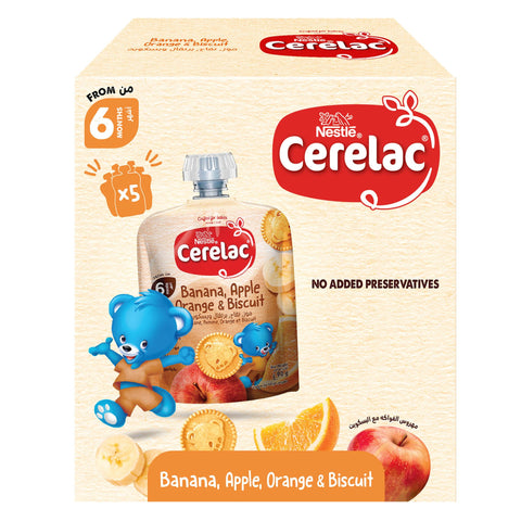 Nestle Cerelac Banana, Apple, Orange & Biscuit Puree Baby Food from 6 Months Value Pack 5 x 90 g