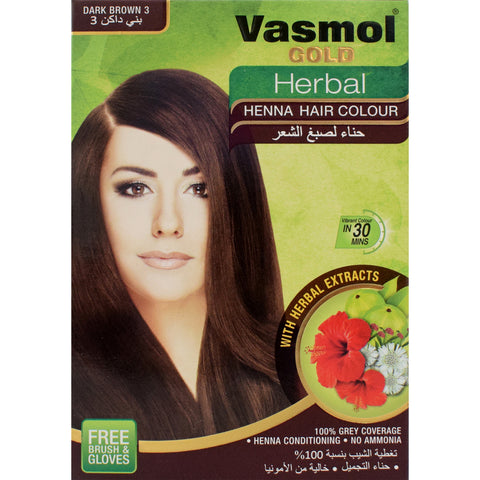 GETIT.QA- Qatar’s Best Online Shopping Website offers VASMOL GOLD HERBAL HENNA HAIR COLOUR 3 DARK BROWN 60 G at the lowest price in Qatar. Free Shipping & COD Available!