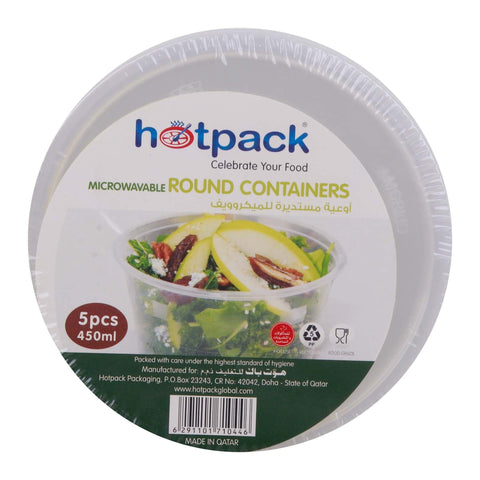 GETIT.QA- Qatar’s Best Online Shopping Website offers Hotpack Microwavable Round Containers 5 pcs 450 ml at the lowest price in Qatar. Free Shipping & COD Available!
