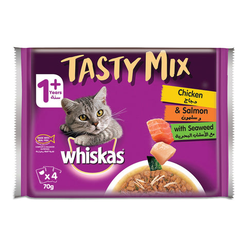 GETIT.QA- Qatar’s Best Online Shopping Website offers WHISKAS TASTY MIX CHICKEN & SALMON WITH SEAWEED WET CAT FOOD IN GRAVY FOR ADULT CATS AGED 1+ YEARS 4 X 70 G at the lowest price in Qatar. Free Shipping & COD Available!