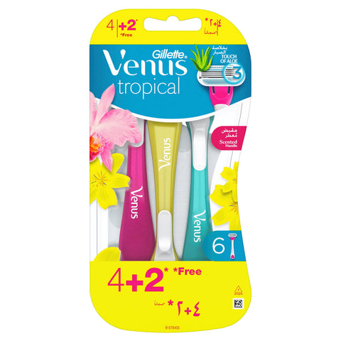 GETIT.QA- Qatar’s Best Online Shopping Website offers GILLETTE VENUS TROPICAL DISPOSABLE RAZOR 4+2 at the lowest price in Qatar. Free Shipping & COD Available!