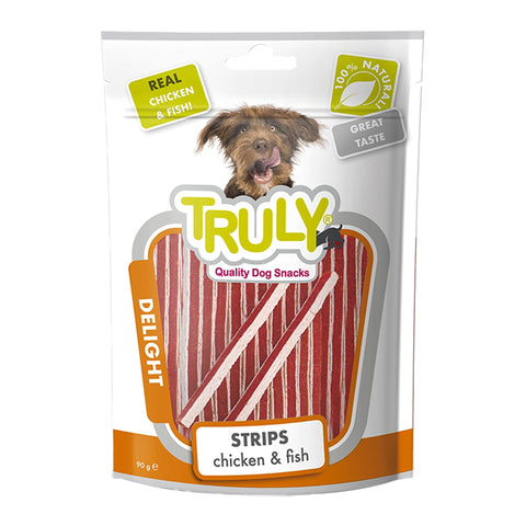 GETIT.QA- Qatar’s Best Online Shopping Website offers TRULY CHICKEN & FISH STRIPS DELIGHT DOG SNACKS 90 G at the lowest price in Qatar. Free Shipping & COD Available!