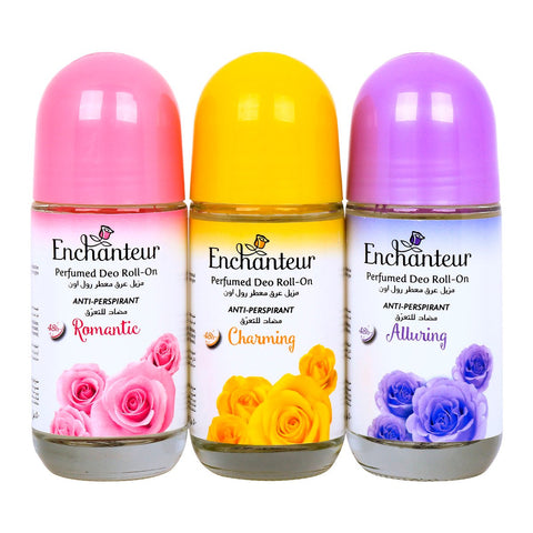GETIT.QA- Qatar’s Best Online Shopping Website offers ENCHANTEUR PERFUMED ANTI-PERSPIRANT DEO ROLL ON ASSORTED 3 X 50ML at the lowest price in Qatar. Free Shipping & COD Available!