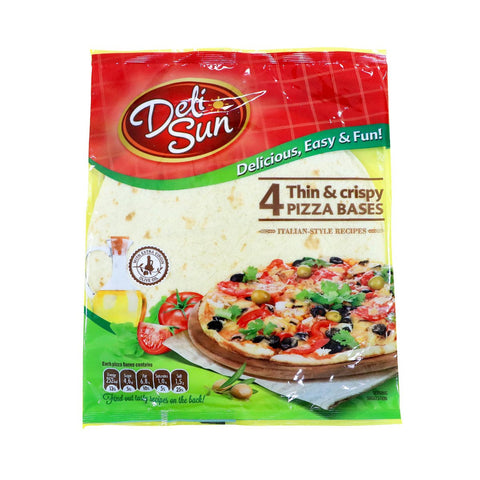 GETIT.QA- Qatar’s Best Online Shopping Website offers DELI SUN THIN & CRISPY PIZZA BASE 4PCS 320 G at the lowest price in Qatar. Free Shipping & COD Available!