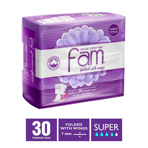 GETIT.QA- Qatar’s Best Online Shopping Website offers Fam Natural Cotton Feel Maxi Thick Folded with Wings Super Sanitary Pads 30 pcs at lowest price in Qatar. Free Shipping & COD Available!