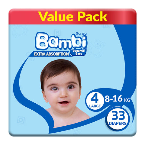 GETIT.QA- Qatar’s Best Online Shopping Website offers SANITA BAMBI BABY DIAPER VALUE PACK SIZE 4 LARGE 8-16KG 33 PCS at the lowest price in Qatar. Free Shipping & COD Available!