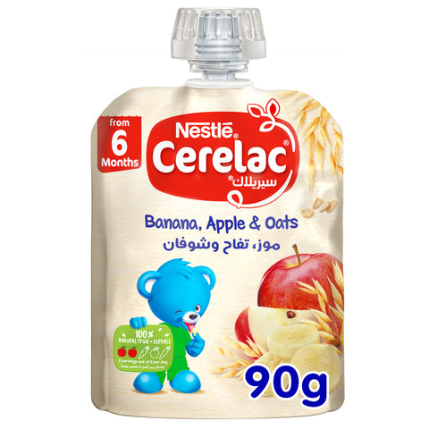 GETIT.QA- Qatar’s Best Online Shopping Website offers NESTLE CERELAC BANANA-- APPLE-- & OATS FRUITS PUREE POUCH BABY FOOD 90 G at the lowest price in Qatar. Free Shipping & COD Available!
