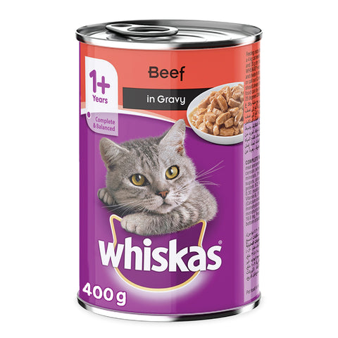 GETIT.QA- Qatar’s Best Online Shopping Website offers WHISKAS BEEF IN GRAVY CAN WET CAT FOOD FOR 1+ YEARS ADULT CATS 400 G at the lowest price in Qatar. Free Shipping & COD Available!