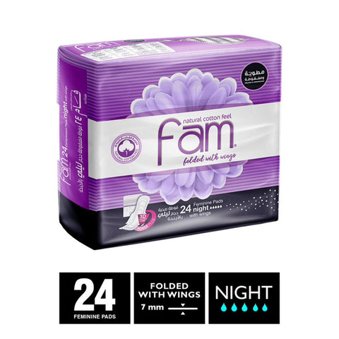 GETIT.QA- Qatar’s Best Online Shopping Website offers Fam Natural Cotton Feel Maxi Thick Folded with Wings Night Sanitary Pads 24 pcs at lowest price in Qatar. Free Shipping & COD Available!