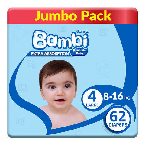 GETIT.QA- Qatar’s Best Online Shopping Website offers SANITA BAMBI BABY DIAPER JUMBO PACK SIZE 4 LARGE 8-16KG 62 PCS at the lowest price in Qatar. Free Shipping & COD Available!