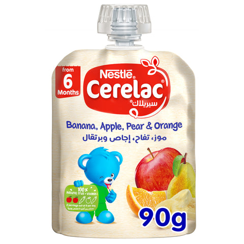 GETIT.QA- Qatar’s Best Online Shopping Website offers NESTLE CERELAC BANANA-- APPLE PEAR-- & ORANGE FRUITS PUREE POUCH BABY FOOD FROM 6 MONTHS 90 G at the lowest price in Qatar. Free Shipping & COD Available!