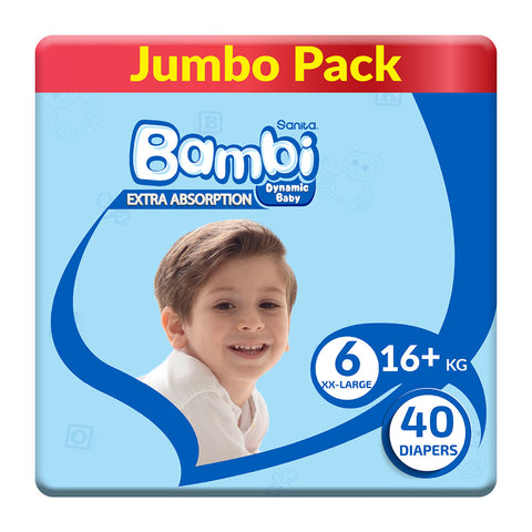 GETIT.QA- Qatar’s Best Online Shopping Website offers SANITA BAMBI BABY DIAPER JUMBO PACK SIZE 6 XX-LARGE 16+KG 40 PCS at the lowest price in Qatar. Free Shipping & COD Available!