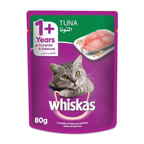 GETIT.QA- Qatar’s Best Online Shopping Website offers WHISKAS WET CAT FOOD TUNA MADE WITH REAL FISH POUCH FOR ADULT CATS 1+ YEARS 80 G at the lowest price in Qatar. Free Shipping & COD Available!