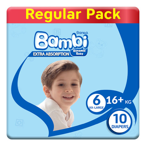 GETIT.QA- Qatar’s Best Online Shopping Website offers SANITA BAMBI BABY DIAPER REGULAR PACK SIZE 6 XX-LARGE 16+KG 10 PCS at the lowest price in Qatar. Free Shipping & COD Available!