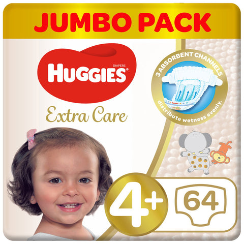 GETIT.QA- Qatar’s Best Online Shopping Website offers HUGGIES EXTRA CARE SIZE 4+ 10 -16 KG JUMBO PACK 64 PCS at the lowest price in Qatar. Free Shipping & COD Available!