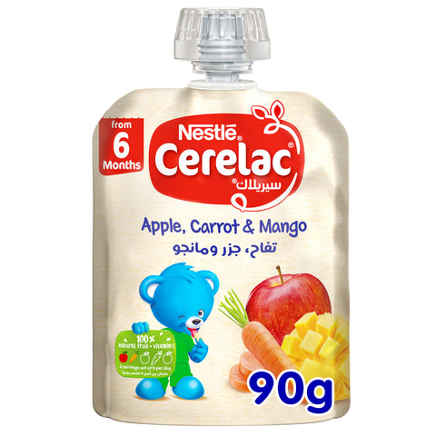 GETIT.QA- Qatar’s Best Online Shopping Website offers NESTLE CERELAC APPLE-- CARROT-- & MANGO FRUITS PUREE POUCH BAY FOOD FROM 6 MONTHS 90 G at the lowest price in Qatar. Free Shipping & COD Available!
