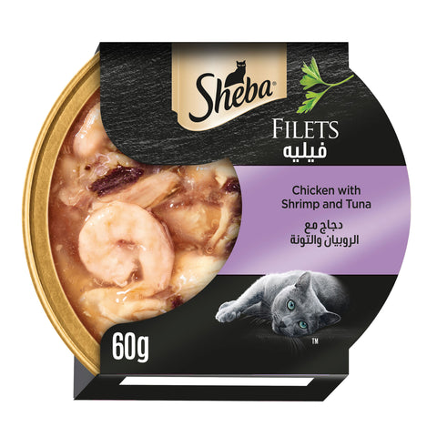 GETIT.QA- Qatar’s Best Online Shopping Website offers SHEBA FILLETS CHICKEN WITH SHRIMP AND TUNA CAT FOOD 60 G at the lowest price in Qatar. Free Shipping & COD Available!