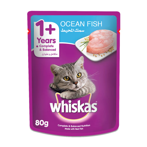 GETIT.QA- Qatar’s Best Online Shopping Website offers WHISKAS WET CAT FOOD OCEAN FISH FOR ADULT CATS 1+ YEARS 80 G at the lowest price in Qatar. Free Shipping & COD Available!