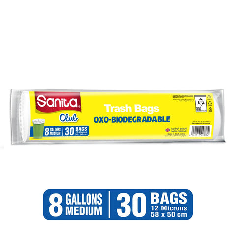 GETIT.QA- Qatar’s Best Online Shopping Website offers SANITA CLUB TRASH BAGS BIODEGRADABLE 8 GALLONS SIZE 58 X 50CM 30PCS at the lowest price in Qatar. Free Shipping & COD Available!