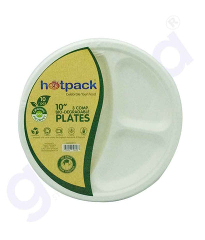 GETIT.QA | Buy Hotpack 10" 3-Comp. Degradable Plates-10pcs Doha Qatar