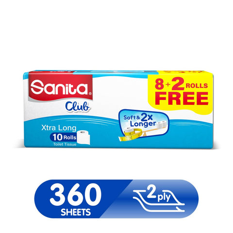 GETIT.QA- Qatar’s Best Online Shopping Website offers SANITA CLUB TOILET TISSUE PLAIN 2PLY 10 ROLLS at the lowest price in Qatar. Free Shipping & COD Available!