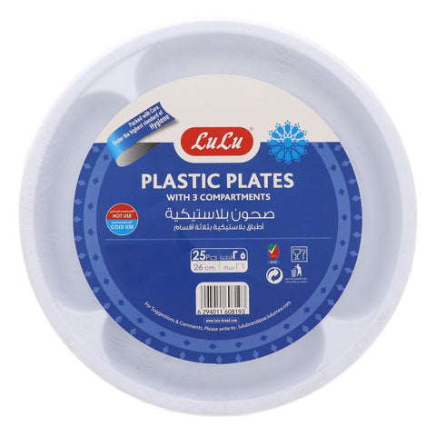 GETIT.QA- Qatar’s Best Online Shopping Website offers LULU PLASTIC PLATES WITH 3 COMPARTMENTS 26CM 25PCS at the lowest price in Qatar. Free Shipping & COD Available!