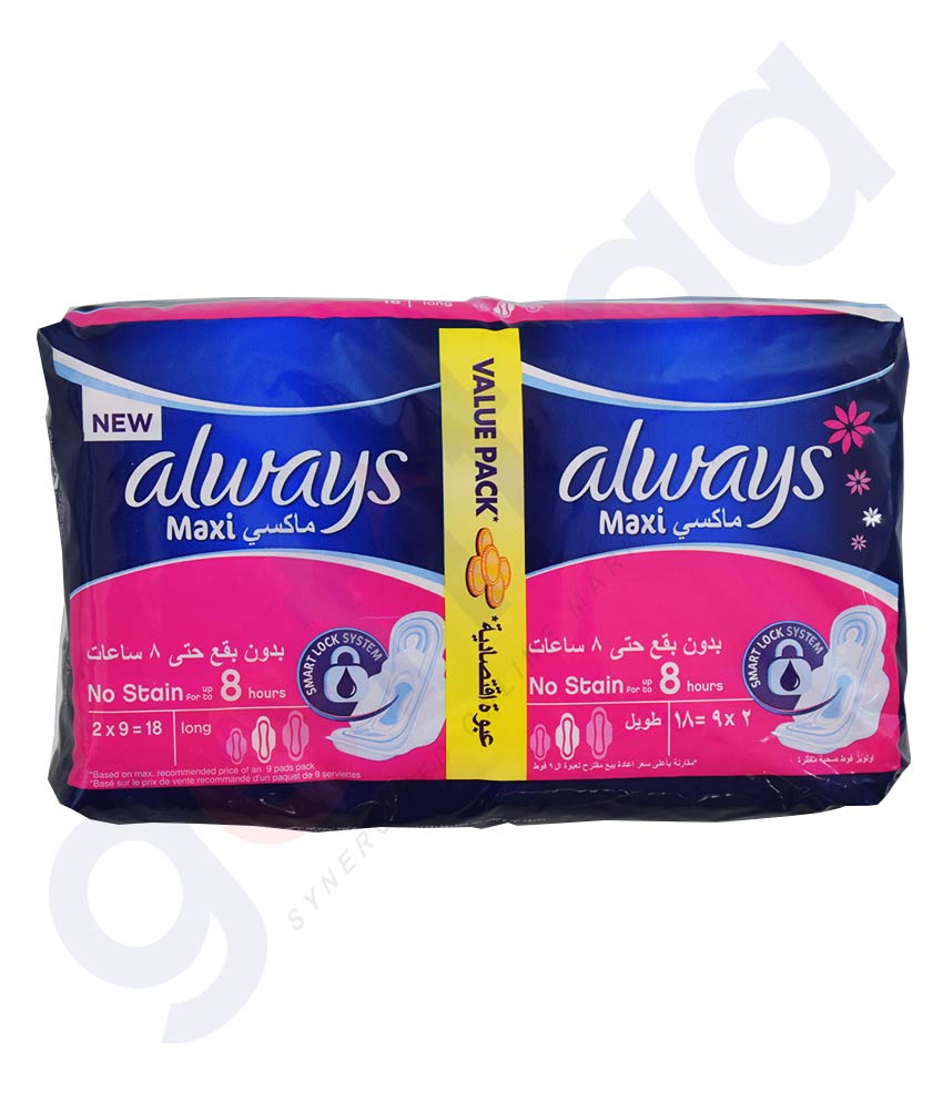 Buy ALWAYS MAXI THICK NO STAIN LONG 18 PADS in Doha Qatar
