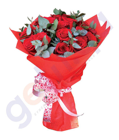 FLOWER - FREEDOM RED ROSE WITH EUCALIPTUS FILL  BOUQUET IN RED WRAP