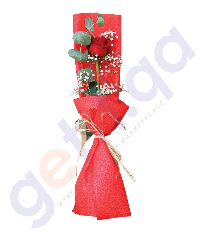 FLOWER - SINGLE RED ROSE, GYPSO AND EUCALIPTUS FILLERS IN RED WRAP