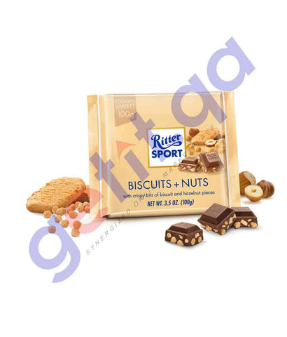 FOOD - RITTER SPORT MILK CHOCOLATE W/ BISCUITS & NUTS 100 GM