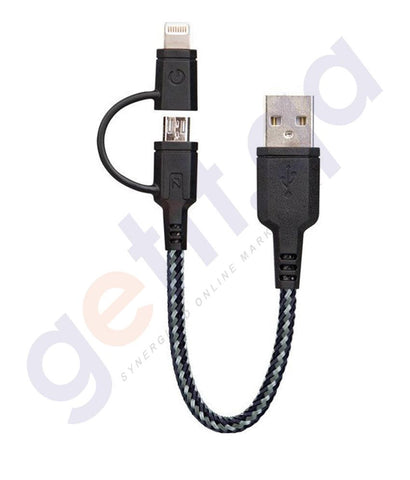 USB Cable - ENERGEA NYLON TOUGH 2IN1 MICRO USB +LIGHTNING MFI CHARGE & SYNC CABLE - BLACK