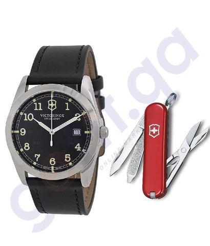 VICTORINOX SWISS ARMY BLACK DIAL LEATHER QUARTZ MEN'S WATCH-241584 + VICTORINOX SWISS ARMY KNIFE-6223