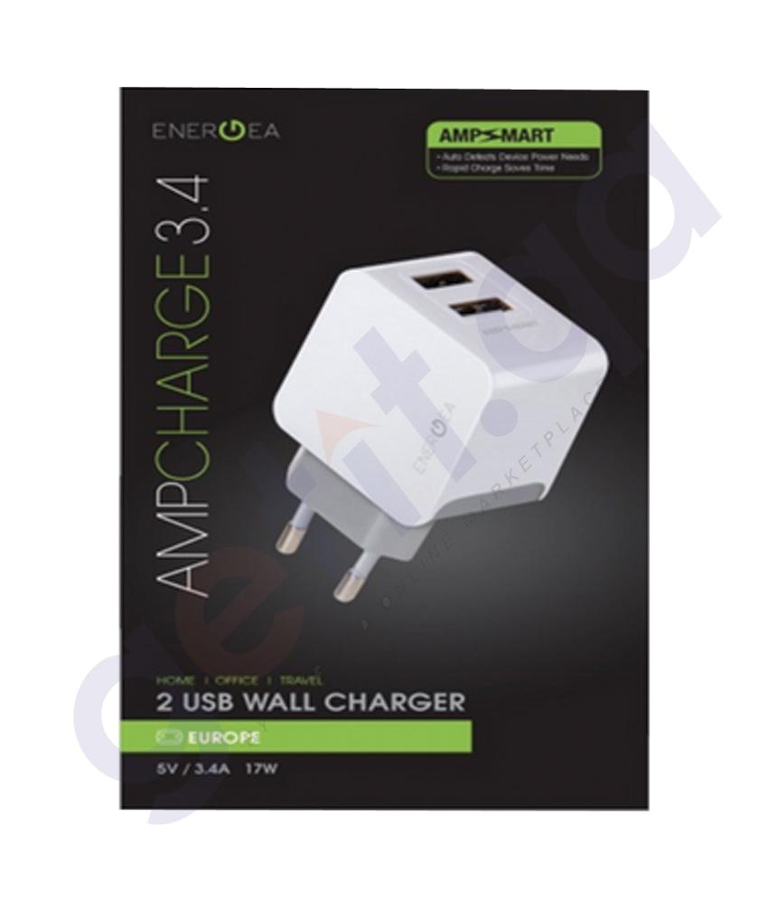 WALL CHARGER - ENERGEA AMPCHARGE  3.4,USB WALL CHARGER 2 PORT 3.4AMPS (UK) - WHITE