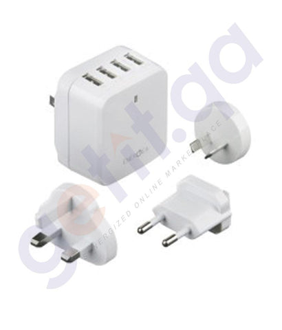 WALL CHARGER - ENERGEA TRAVELWORLD 6.8 USB WALL CHARGER 4 PORT 6.8AMPS(US/UK/EU/AU ADAPTORS)-WHITE
